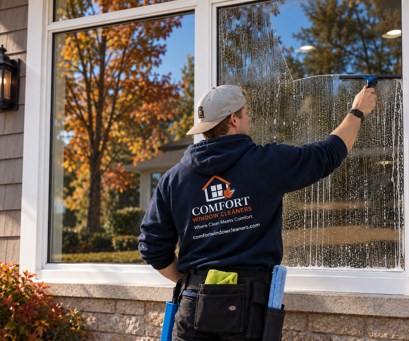 Comfort Window Cleaners owner cleaning a residential window